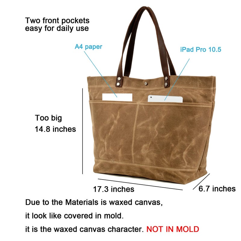 WUDON Waxed Canvas Travel Tote Bag - Extra Large Carryall Shoulder Bag for Women (Khaki) - Image 3